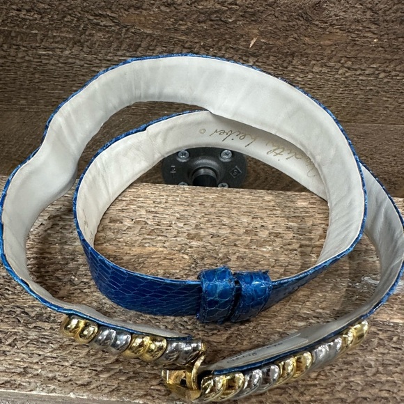 Judith Leiber Blue Snakeskin Belt w/ Gold & Silver Coil Buckle main image 6